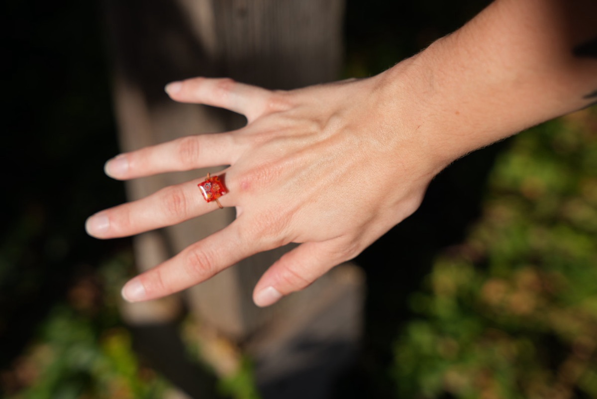 Red Flower-Patterned Square Ring